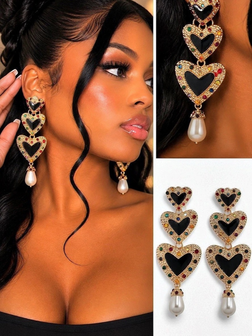 Gold Black Heart Dangle Earrings Multicolor Rhinestone Pearl Statement Jewelry